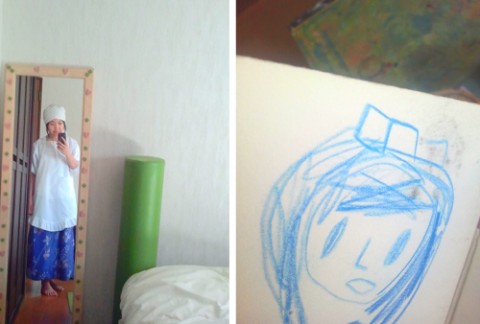 左:「恵みいただきます」で昭和の衣装を着る 右:木の花の子供が描いてくれた、私の絵
